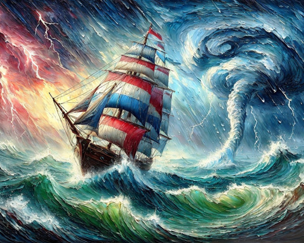 Oil Painting of a Tall Ship in a Stormy Sea