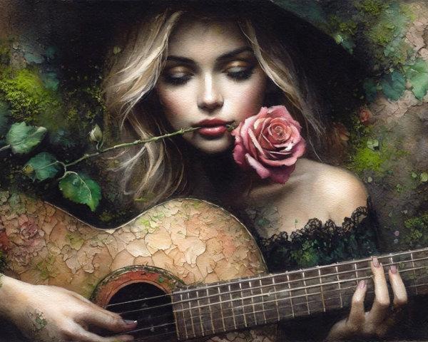 Realistic Painting of Woman with Guitar in Forest Setting