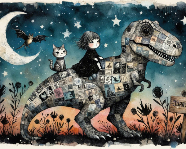 Whimsical Scene of Girl Riding Dinosaur with Postcards