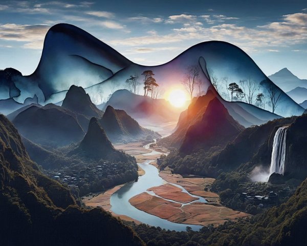 Serene Landscape with River and Mountain Silhouettes