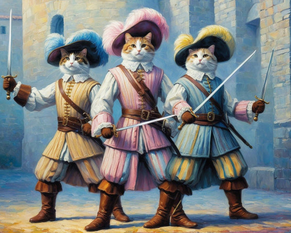 Anthropomorphic cats as musketeers in medieval courtyard