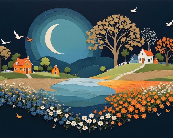 Serene Night Landscape with Crescent Moon and Houses