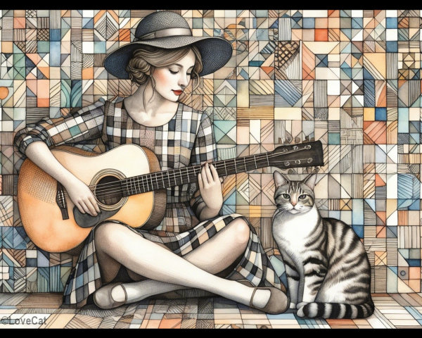 Young Woman Playing Guitar with Cat in Colorful Setting