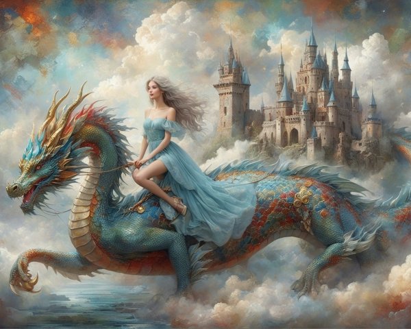 Blue Dragon and Woman in Dreamy Landscape with Castle