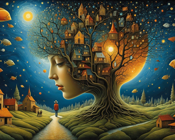 Surreal Woman with Tree Hairstyle and Dreamlike Village