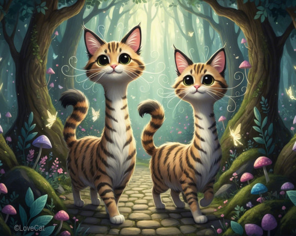 Charming Tabby Cats in a Whimsical Forest Scene