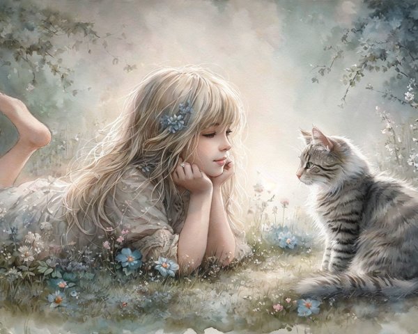 Young girl and cat in a serene grassy landscape