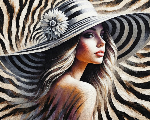 Portrait of a Young Woman in Striped Hat and Background