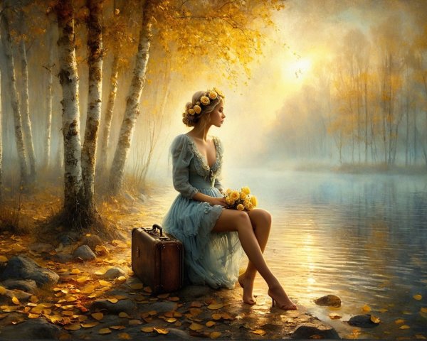 Tranquil Lake Scene with Autumn Trees and Woman