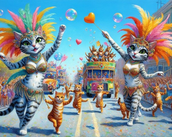 Vibrant Carnival Scene with Celebratory Costumed Cats