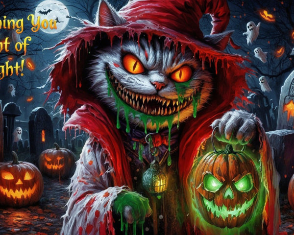 Whimsical Cat Witch in Spooky Graveyard Scene