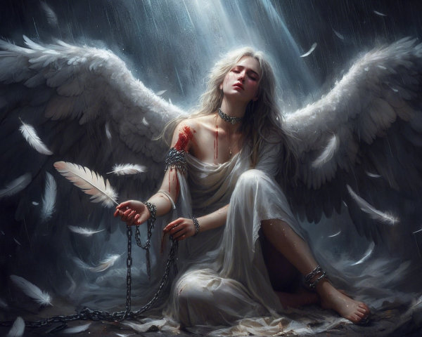 Sorrowful angel with white wings in a melancholic scene