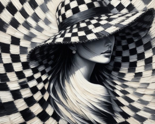 Portrait of a Woman with Checkered Hat and Patterns