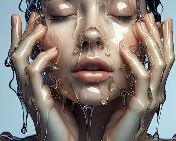 Close-Up of Serene Face with Glossy Liquid Overlay