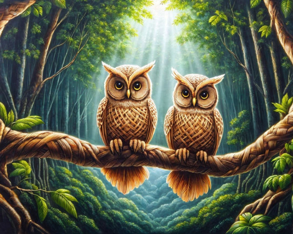 Owls on a Branch in an Enchanted Forest Scene