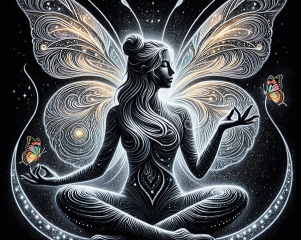 Meditating Female Figure with Butterflies and Patterns