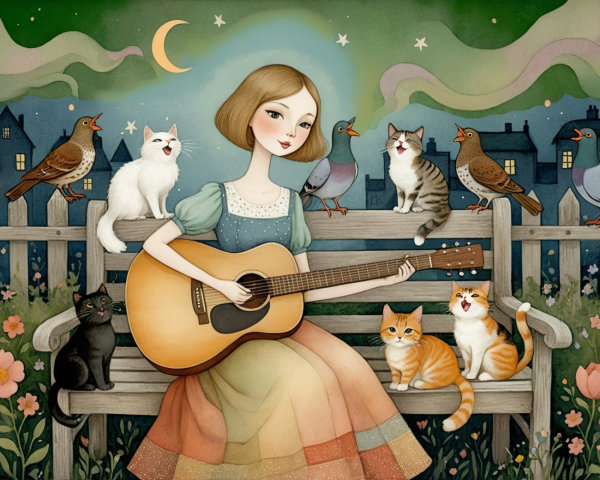 Young Woman with Guitar Surrounded by Cats and Birds