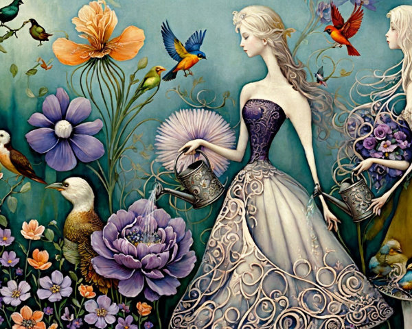 Elegant Women in Gowns in a Colorful Garden Scene