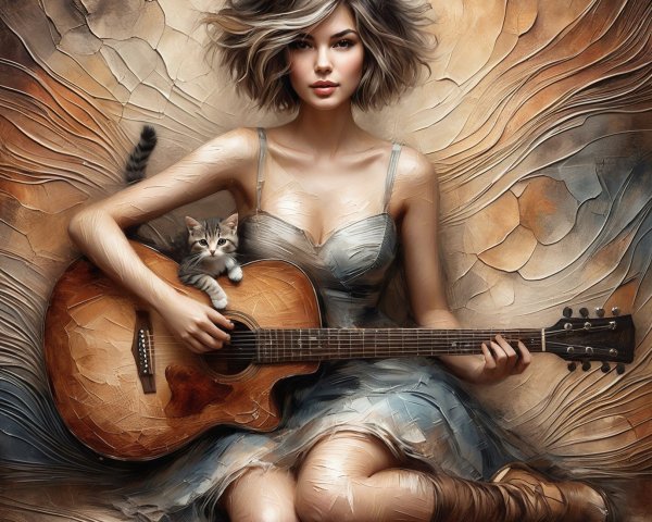 Whimsical Scene of Woman with Guitar and Kitten