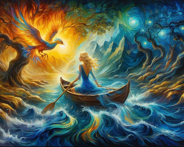 Oil Painting of Woman in Boat with Phoenix and Landscape