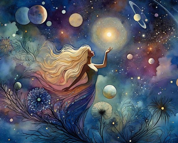 Whimsical Cosmic Scene with Flowing Hair and Galaxies