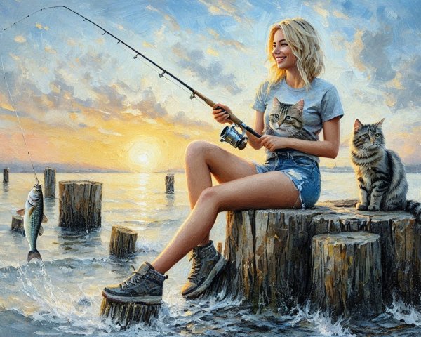 Cheerful Woman Fishing at Sunset by a Serene Lake
