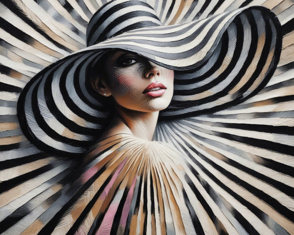 Portrait of a Woman in a Striped Wide-Brimmed Hat