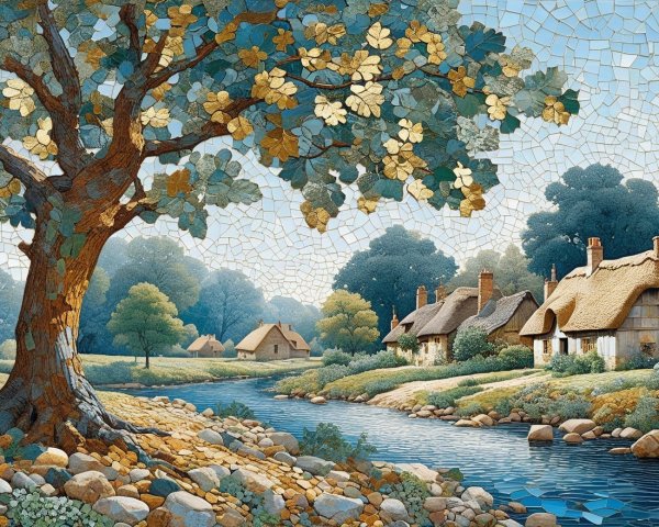 Serene Countryside Landscape with Cottages and River