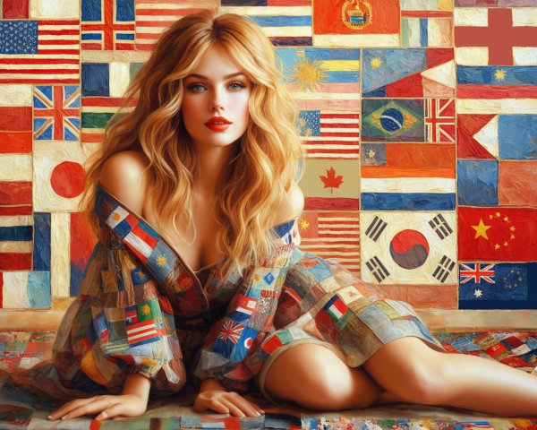 Glamorous Woman in Flag-Patterned Outfit Among Flags