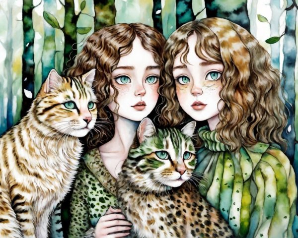 Whimsical Forest Scene with Two Girls and Cats