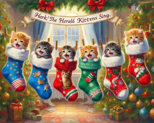 Kittens in Colorful Stockings in a Christmas Scene