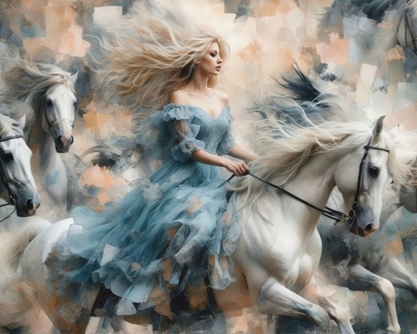 Woman in Sky-Blue Dress Riding White Horses
