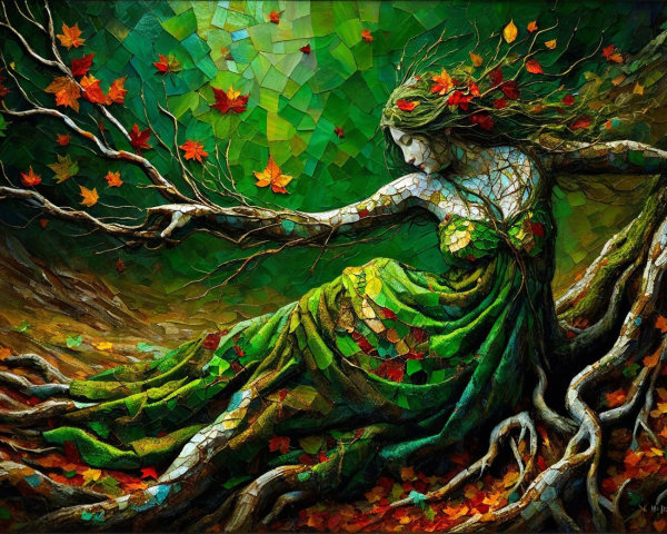 Mosaic Painting of Woman Integrated with Tree Elements