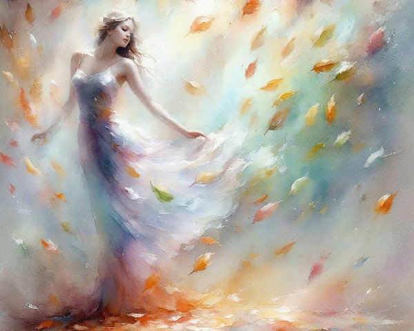 Ethereal Dress and Autumn Leaves in Serene Scene