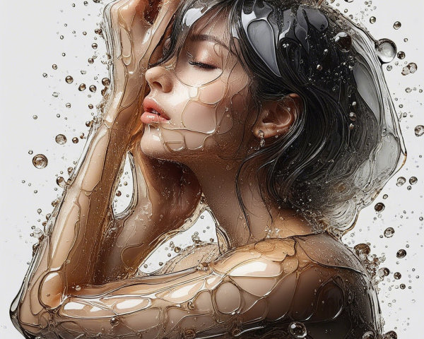 Serene Woman in Shimmering Liquid with Ethereal Elegance