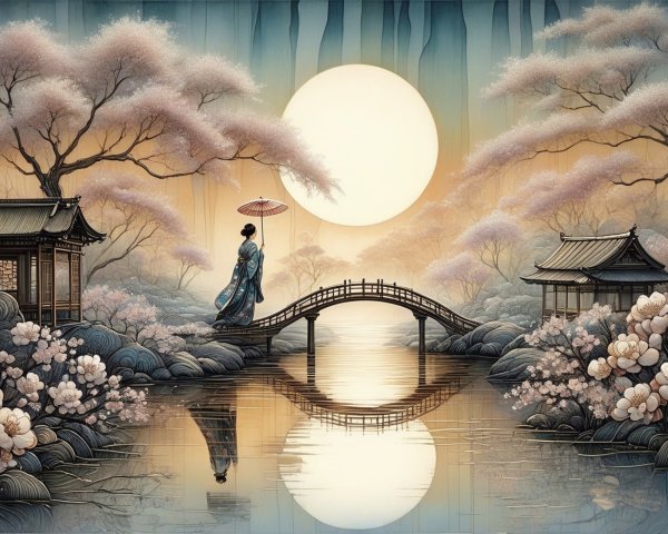 Serene landscape with woman in blue kimono and blossoms