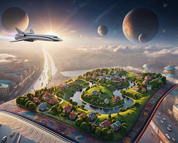 Whimsical Landscape on an Ornate Carpet with Spacecraft
