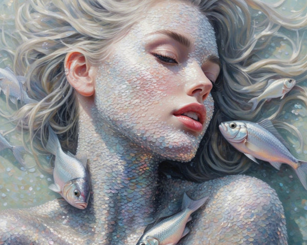 Ethereal Figure with Shimmering Scales and Fish