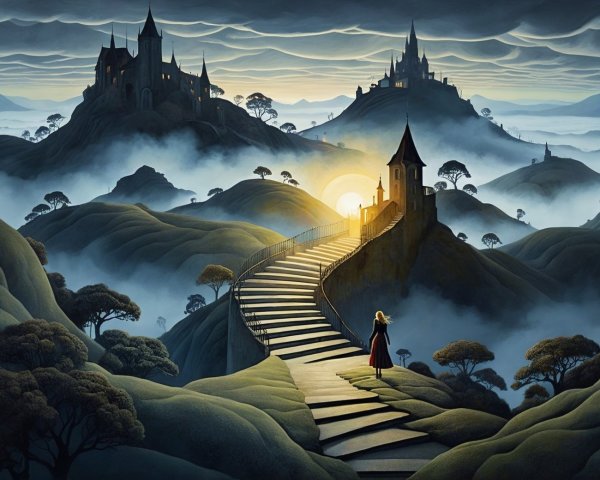 Mystical Landscape with Castles and Dramatic Clouds