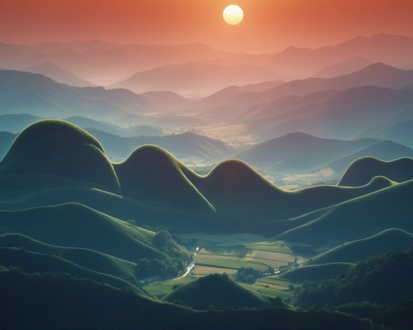 Sunset Landscape with Green Hills and Winding River
