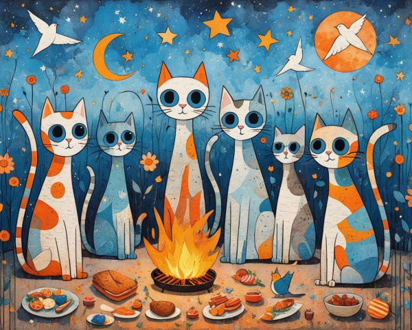 Cartoon Cats Gather Around Bonfire Under Starry Sky
