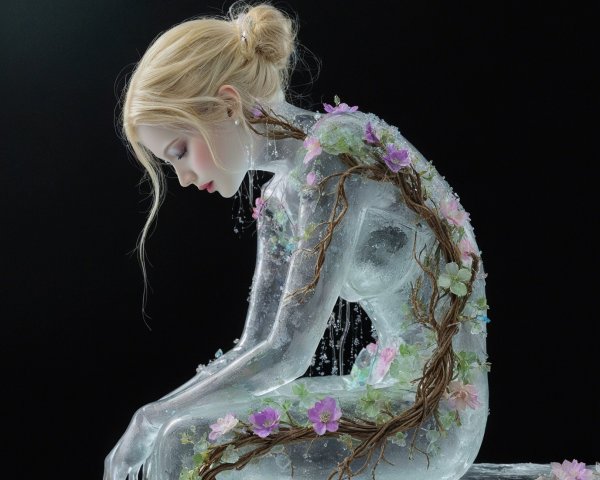 Serene figure encased in ice with floral details