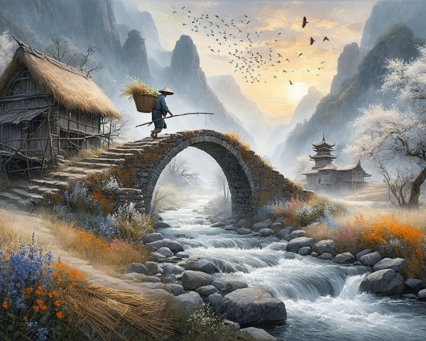 Serene Landscape with Stone Bridge and Misty Mountains