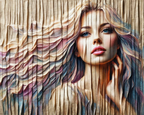 Portrait of a woman with flowing hair and textured backdrop