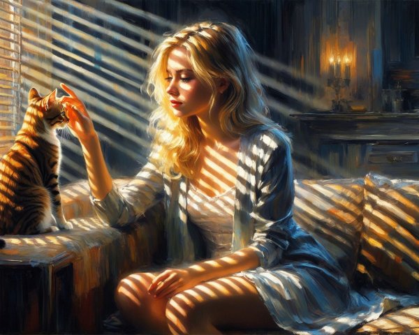 Serene Interaction Between Woman and Tabby Cat