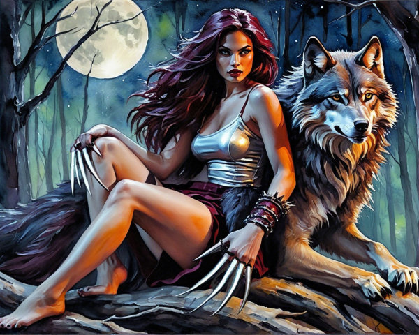 Woman and Wolf in a Mystical Moonlit Forest