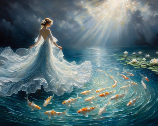 Woman in White Gown Surrounded by Koi Fish and Lilies