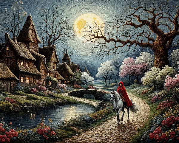 Moonlit Landscape with Cottages and Stream Scene