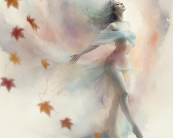 Ethereal Figure in Translucent Fabric with Autumn Leaves