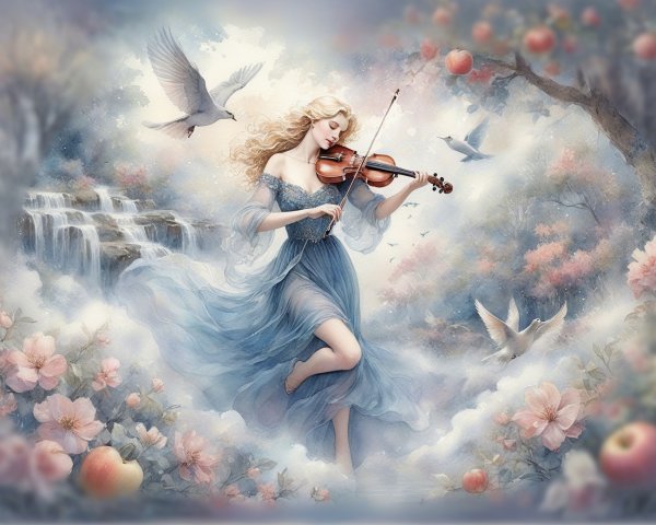 Woman Playing Violin in a Dreamy Landscape